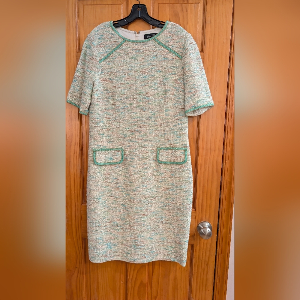 Teri Jon Cream and Green Tweed Midi Dress
